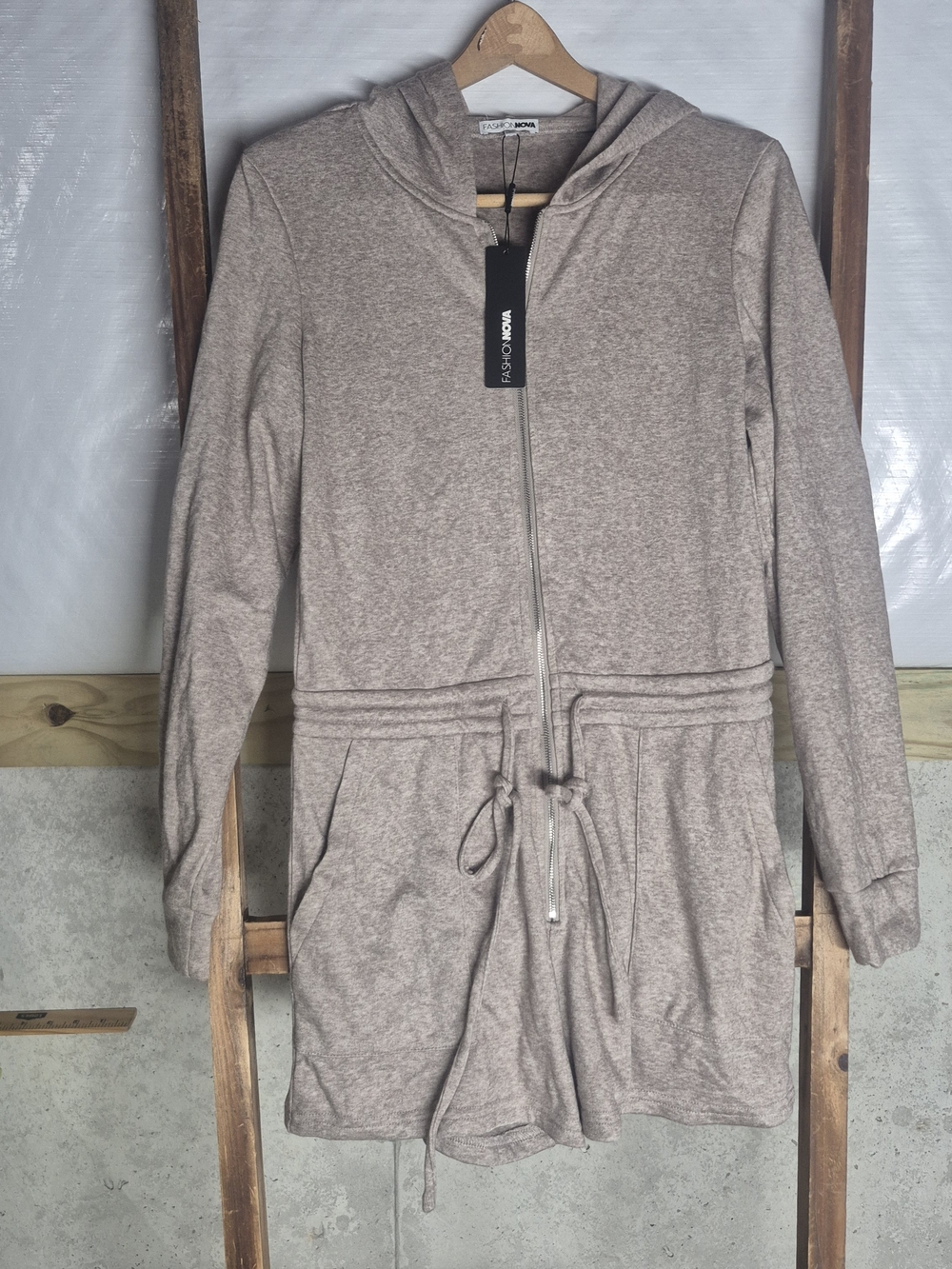Fashion Nova Neutral Taupe Knit Hoodie Top Romper Longsleeve